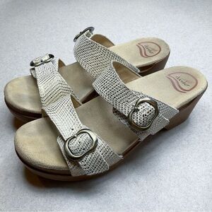 Dansko Sophie Sandal 38 White & Metallic Gold Snakeskin Slip On Open‎ Toe